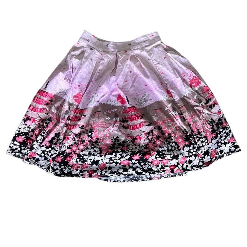 Pink Chinoiserie Pagoda Floral Blush Pink Pleated Flared Midi Skirt - XS - Picture 12 of 12